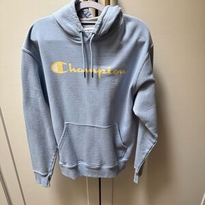 Champion Men's Light Blue Hoodie with Gold Logo
